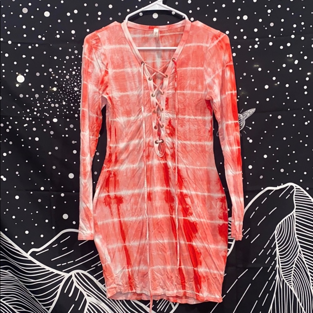 PINK & RED TYE DYE LONG SLEEVE DRESS